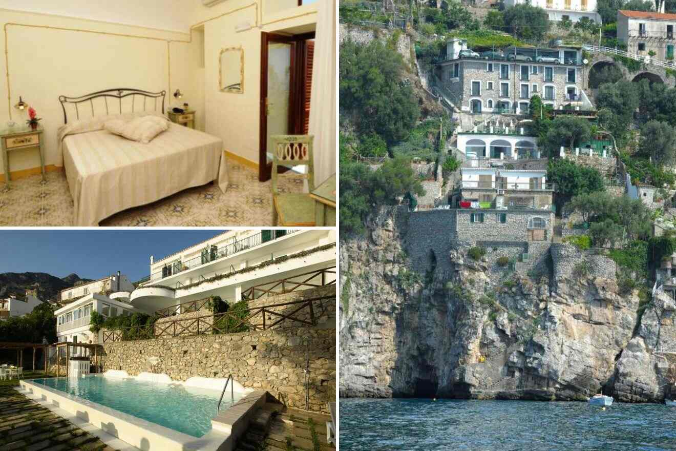 A collage of three photos of hotels to stay in Praiano, Amalfi Coast, Italy: hotel bedroom, outdoor pool, and hotel on a cliff by the water
