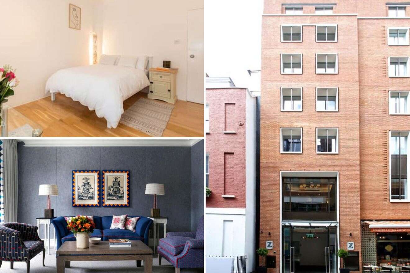 A collage of three photos of hotels to stay in Soho, London: a minimalist bedroom with natural light, a sophisticated living space with a blue sofa and circular rug, and the exterior of a stylish urban hotel building.