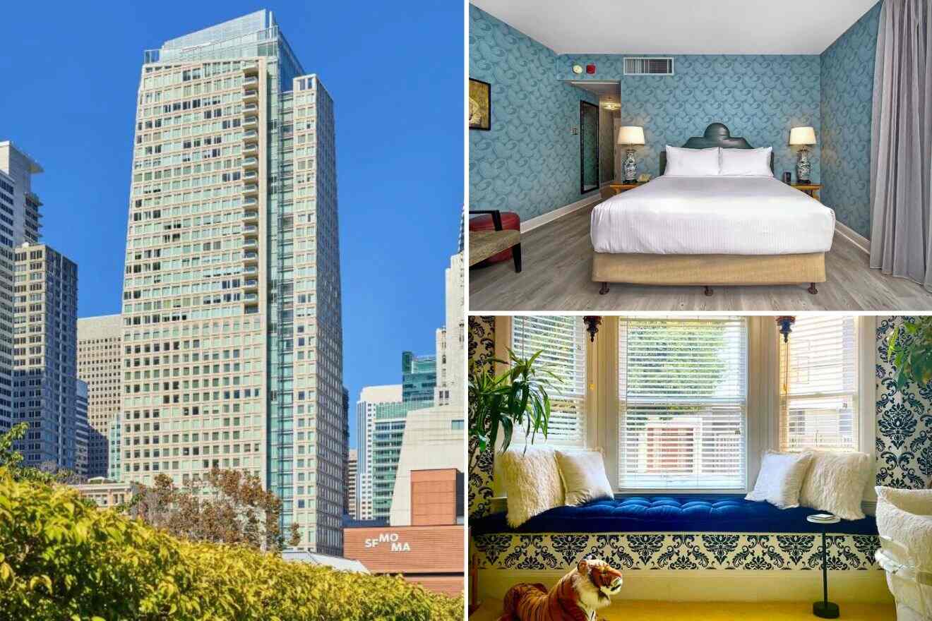 A collage of three photos of hotels to stay in Soma & South Beach, San Francisco with free cancellation: featuring a towering modern hotel building, a bedroom with vibrant wallpaper and plush seating, and an elegant Victorian-style house with intricate architectural details