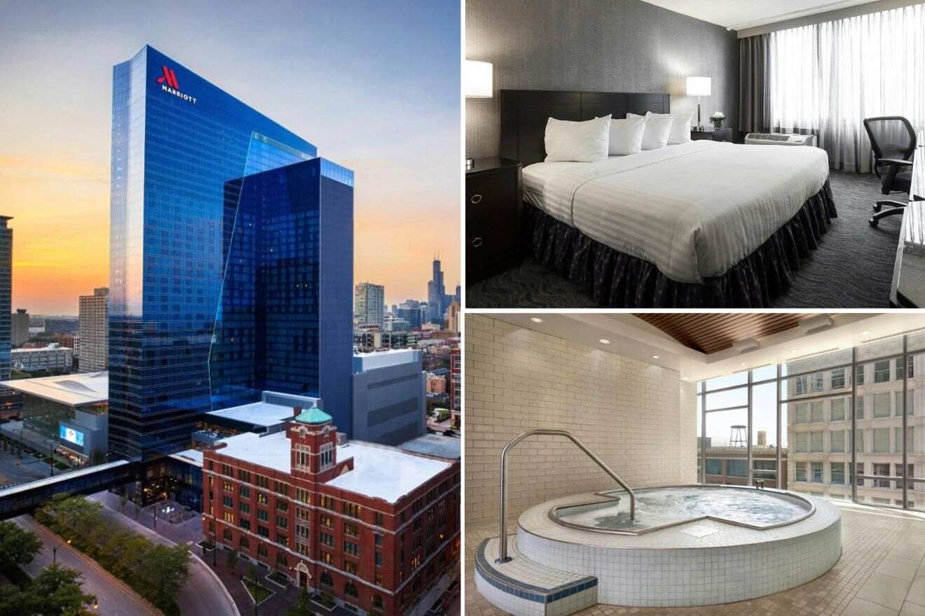 A collage of three photos of hotels to stay in South Loop, Chicago: The Marriott hotel building's striking blue glass exterior at sunset, a comfortable hotel room with a queen bed and modern amenities, and a serene hotel spa area with a large jacuzzi and glass walls