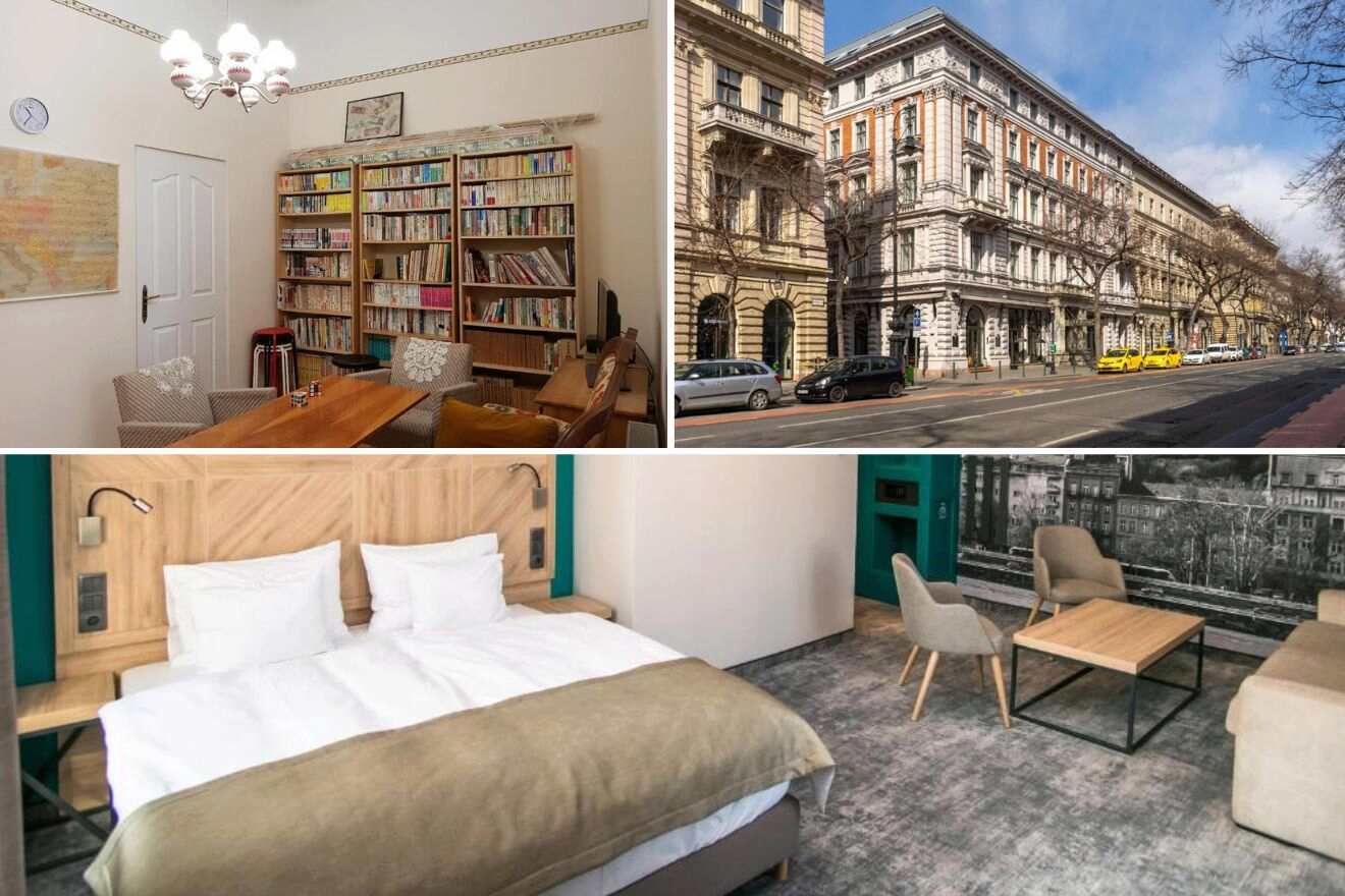 A collage of three photos of hotels to stay in Terezvaros District VI Budapest: in-room library and dining table, hotel exterior, and hotel bedroom