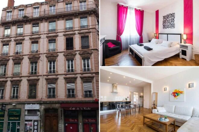 A collage of three images featuring Saxe And The City for couples: the classic architecture of a traditional Lyonnaise building, a vibrant bedroom with striking pink drapes, and an airy, open-concept living space with a chic kitchen and comfortable seating area
