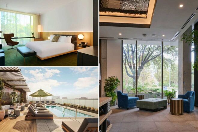 A collage of three photos of hotels to stay in Zilker, Austin, Texas:L hotel bedroom, outdoor pool, and lounge area