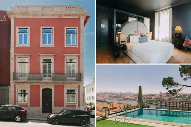 A collage of three photos of hotels to stay in Porto: a traditional red facade of a Portuguese building, a contemporary bedroom with chic furnishings, and a rooftop pool providing panoramic views of the city's landscape
