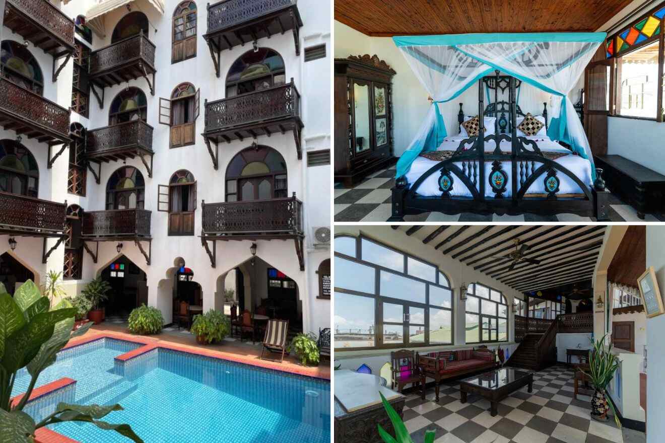 A collage of three photos of hotels to stay in Zanzibar: hotel exterior with a pool, bedroom, and lounge area