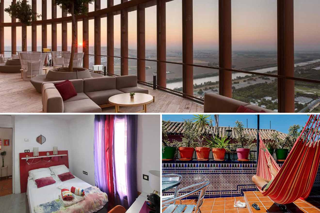 A collage of three photos of hotels to stay in Triana and Los Remedios, Seville: A sunset lounge with large windows, a cheerful bedroom, and a terrace with a hammock and potted plants