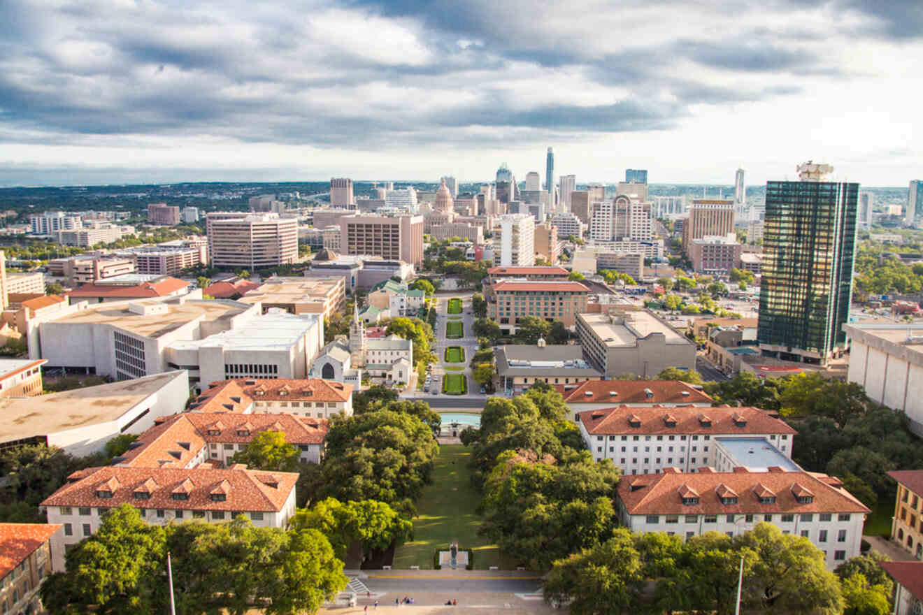 An aerial view of the University of Texas at Austin campus