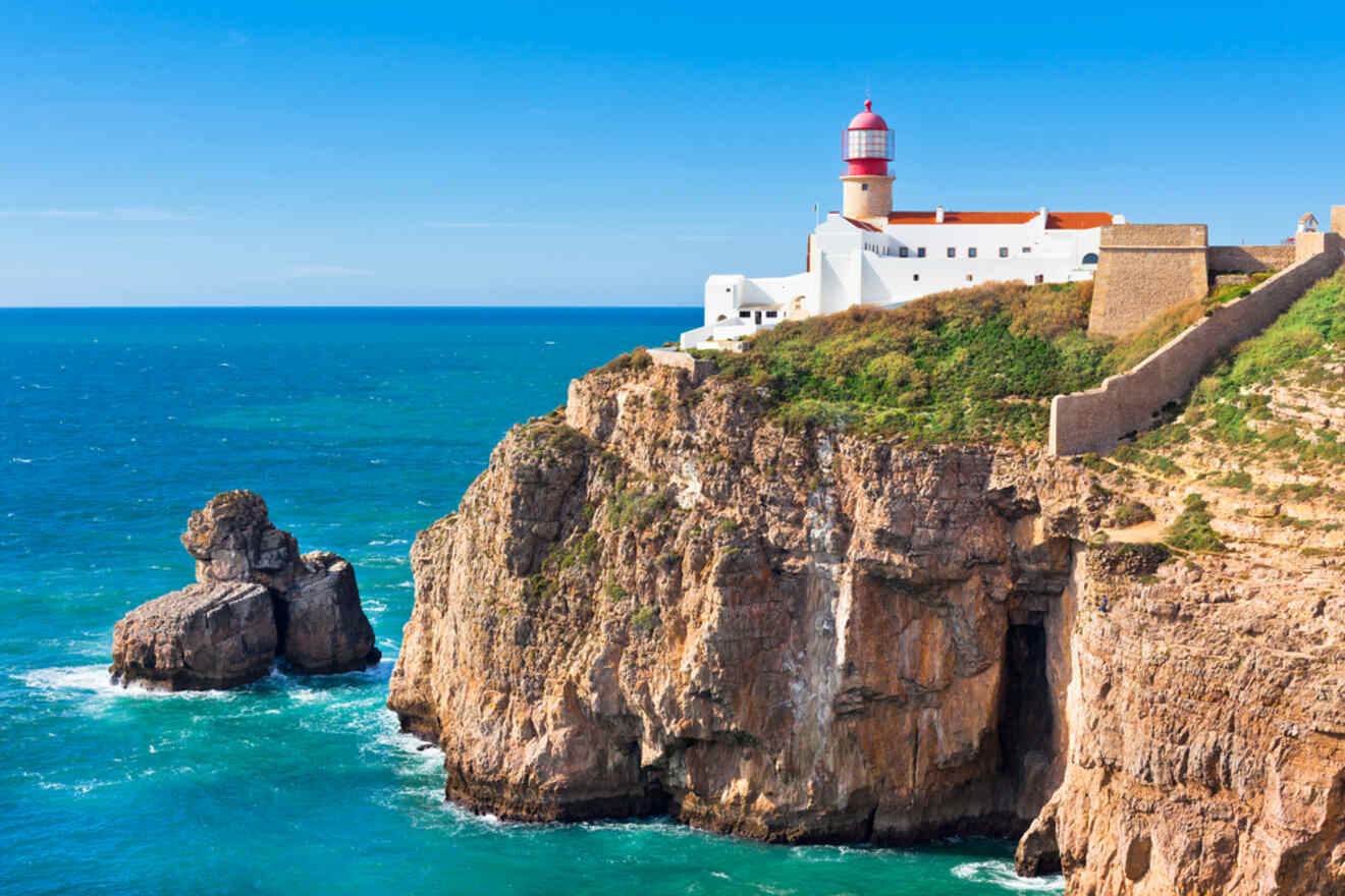 A lighthouse in the small tow of Sagres sitting on top of a cliff overlooking the ocean.