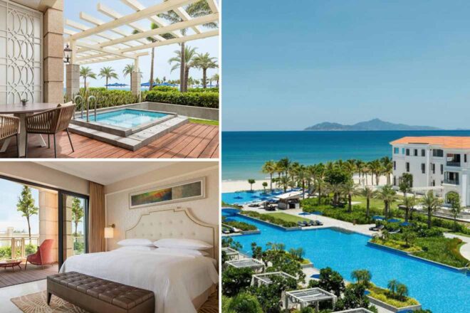 A collage of three photos in Non Nuoc Beach: Private jacuzzi with ocean view, elegant bedroom with balcony access, and an aerial view of the expansive pool and beachfront