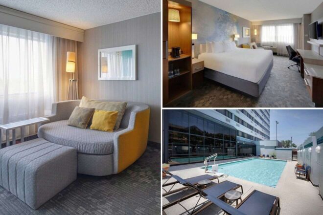 A collage of three photos of hotels to stay in North Loop, Austin, Texas: in-room sofa, hotel bedroom, and outdoor pool
