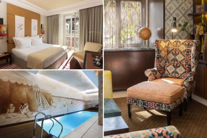 A collage of three images from the Heritage Avenida Liberdade hotel: an inviting hotel room with a chic bed and decorative headboard, a stylish corner with a leather chair and elegant fireplace, and an indoor pool adorned with a classical mural