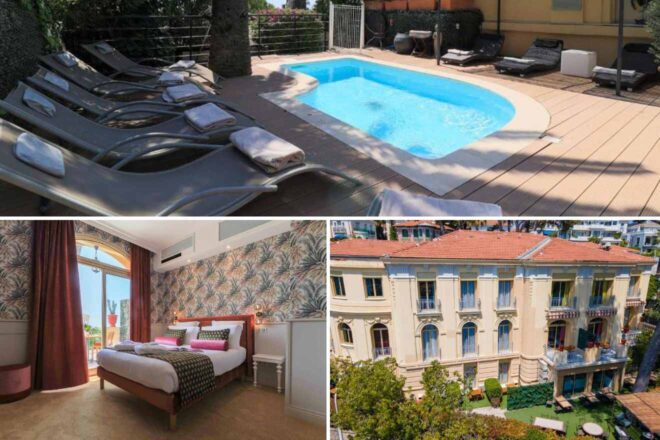 A collage of three pictures of Hôtel Le Petit Palais: sun loungers by a tranquil outdoor pool, a bright bedroom with classic French doors and patterned wallpaper, and the charming hotel exterior with Mediterranean-style architecture and lush gardens