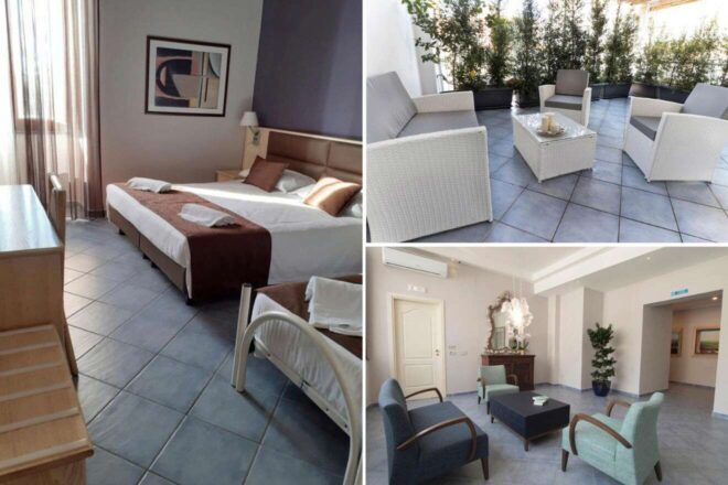 A collage of three photos from Hotel Soleluna: A comfortable twin bedroom with modern art and lavender walls, a spacious white-wicker furnished terrace, and an inviting hotel lounge area with soft blue armchairs and chic decor