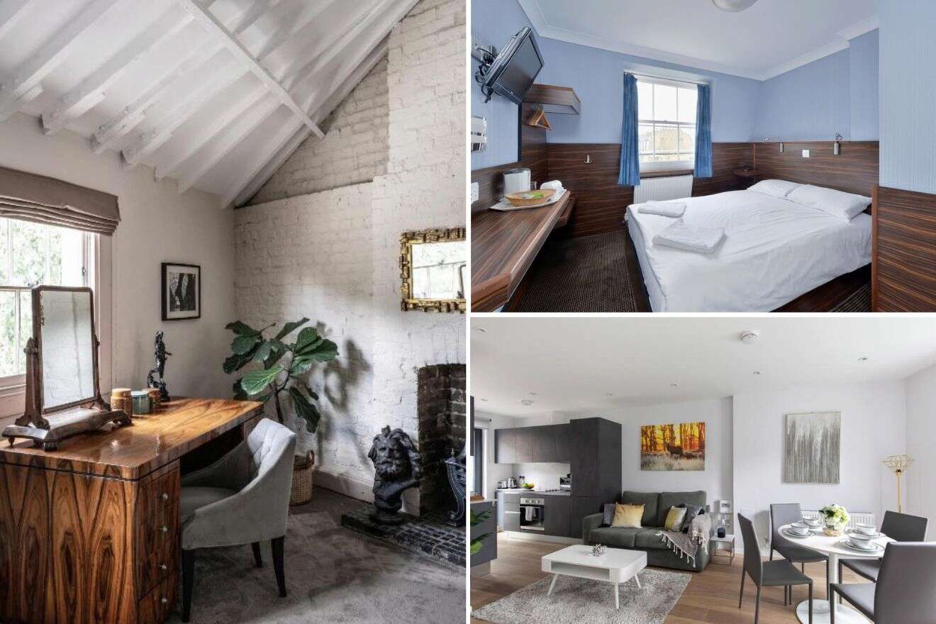A collage of three photos of hotels to stay in Camden Town, London: a cozy attic bedroom with exposed white beams, a snug hotel room with wooden accents, and a spacious living area with a grey sofa and dining set.