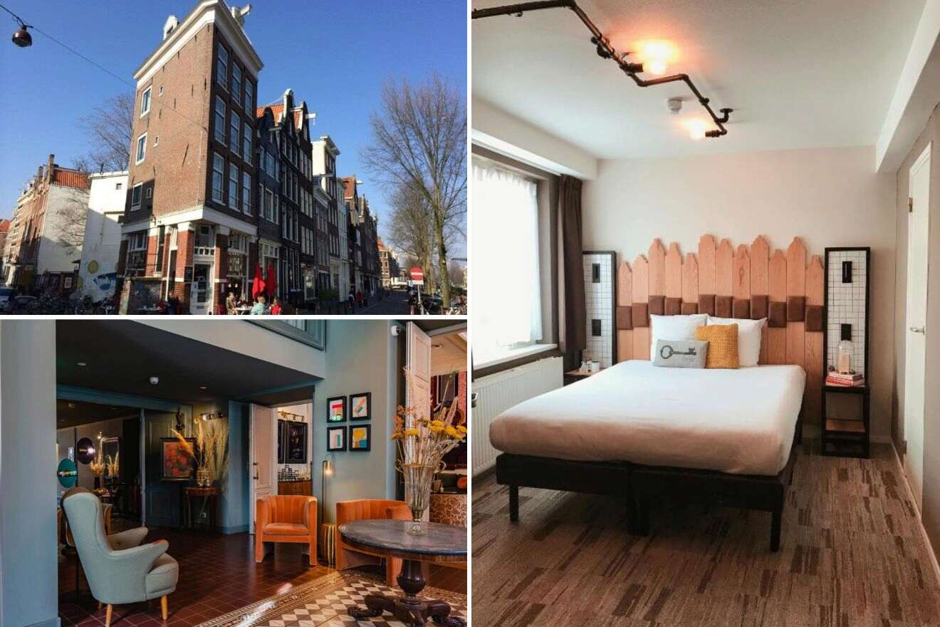 A collage of three photos of hotels to stay in De Jordaan, Amsterdam: picturesque, narrow hotel building in the Jordaan neighborhood, with its distinctive Dutch architecture, a simple and elegant hotel room with a unique, fence-like wooden headboard, and an inviting hotel lounge area with a vintage feel, featuring retro armchairs and art on the walls.