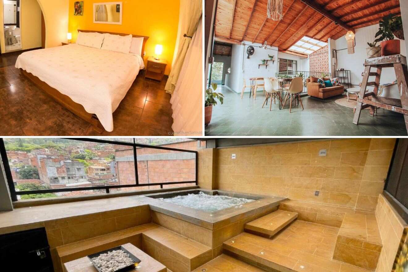 A collage of three photos of hotels to stay in El Centro, La Candelaria, Medellin: a comfortable bedroom with warm lighting, an open-concept dining and living area with rustic charm, and a luxurious hot tub on a balcony with and a scenic view