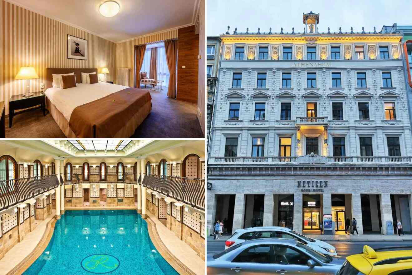 A collage of three photos of hotels to stay in Erzsebetvaros District VII Budapest: hotel bedroom, hotel indoor pool, and hotel exterior