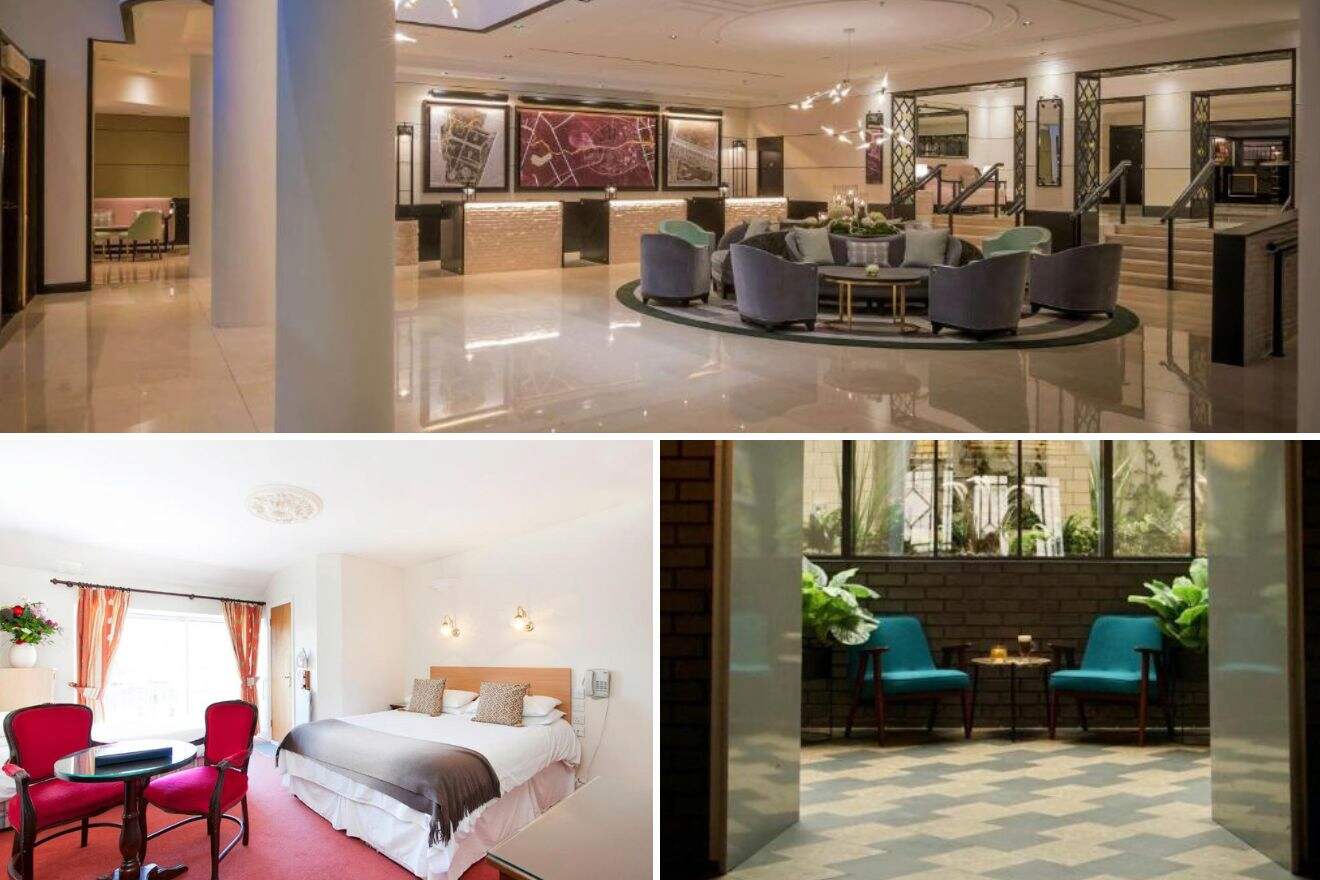 A collage of three photos of hotels to stay in Merrion and Fitzwilliam Square, Dublin: a spacious and modern hotel lobby with comfortable seating and art installations, a simple bedroom with bright red accents, and a peaceful hotel courtyard with stylish outdoor furniture