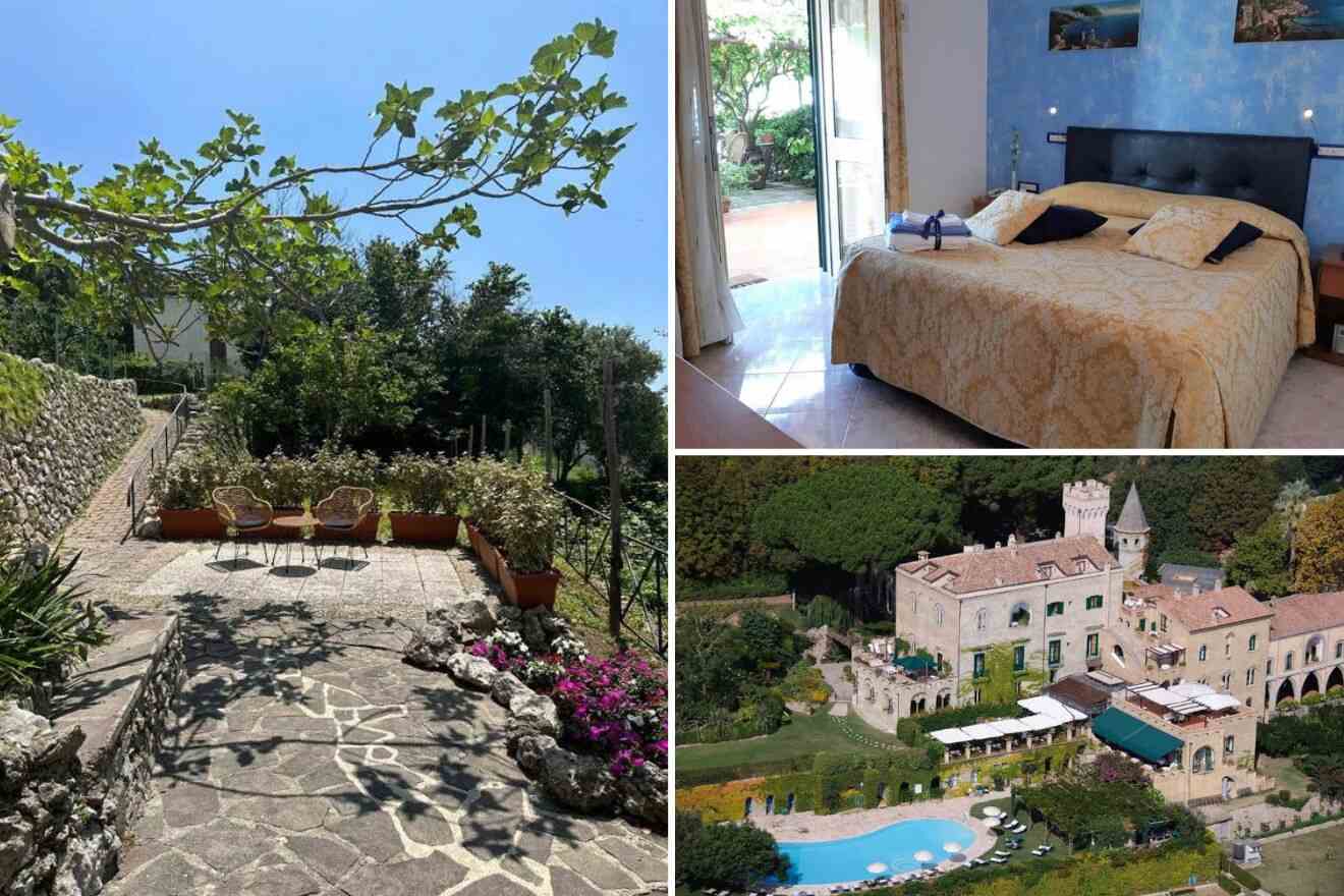 A collage of three photos of hotels to stay in Ravello, Amalfi Coast, Italy: outdoor garden with seating area, hotel bedroom, and aerial view of hotel with outdoor pool