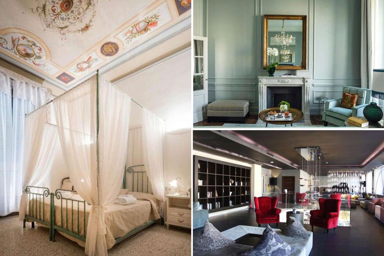 A collage of three hotel photos to stay in Santa Maria Novella, Florence offering free parking: An inviting bedroom with a draped four-poster bed and painted ceiling frescoes, a chic sitting room with an elegant fireplace, and a modern lounge with striking red armchairs and bookshelves.