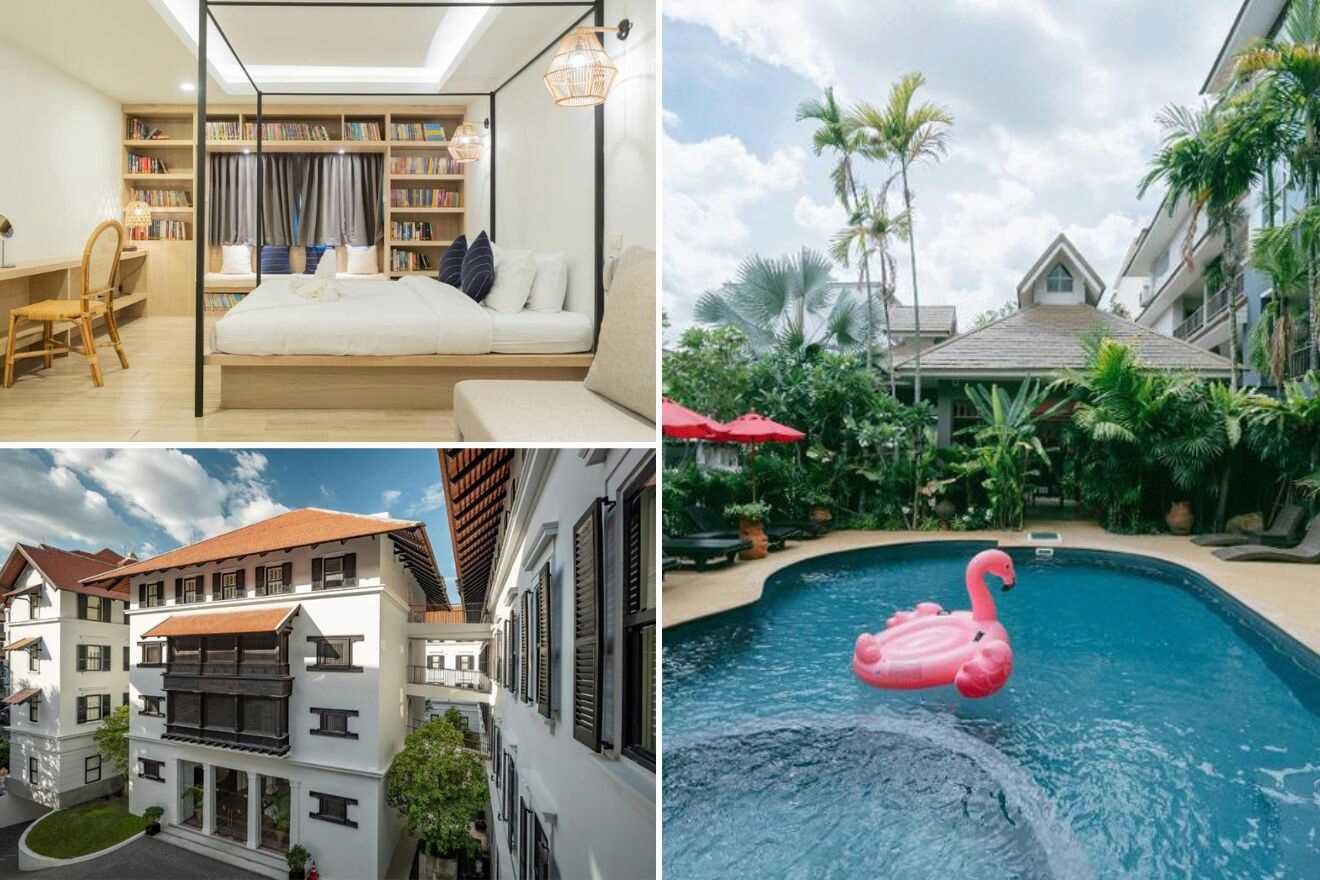 A collage of three photos of hotels to stay in Santitham, Chiang Mai: a minimalist bedroom featuring a large bookshelf behind the bed, a tropical pool setting with lush palms, and the white facade of a European-style hotel building with contrasting dark shutters