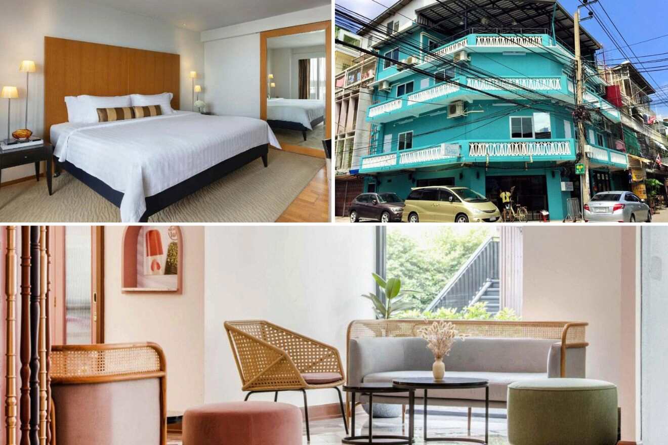 A collage of three photos of hotels to stay in Silom, Bangkok: a spacious bedroom with a large bed, wooden headboard, and soft lighting, a vibrant turquoise-colored building with traditional Thai architecture, and an elegant modern living room with stylish furniture