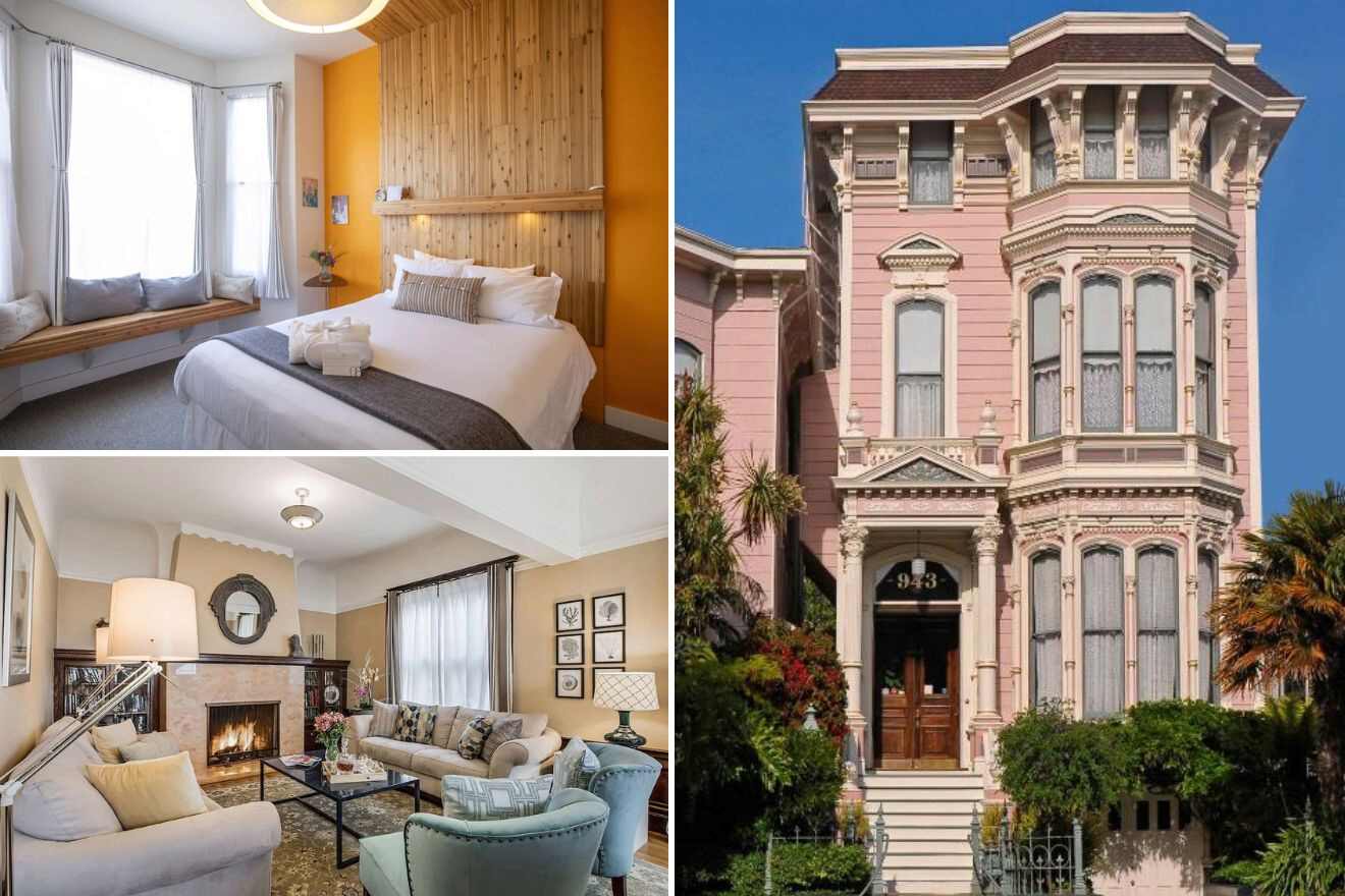A collage of three photos of hotels to stay in The Mission, San Francisco with free parking: highlighting a sunny bedroom with wood accents, a cozy window seat with patterned cushions, and a living room with comfortable sofas and a classic fireplace