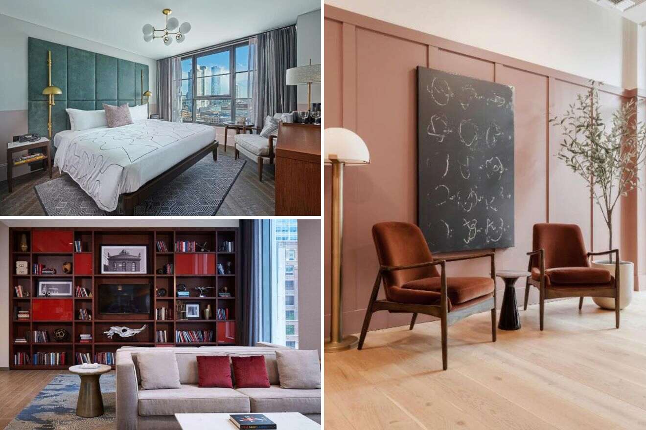 A collage of three photos of hotels to stay in West Loop, Chicago: a stylish hotel room with a large window and a green headboard, a contemporary hotel lounge with two leather armchairs and a large blackboard art piece, and a view of the hotel's library with a red-themed bookshelf and a cozy couch