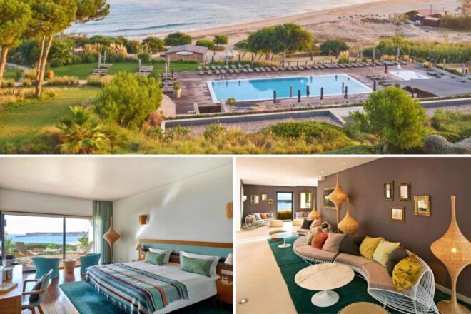 A collage of three photos of hotels to stay in Algarve: an outdoor hotel swimming pool set right next to the beach with lounge chairs and umbrellas, a hotel bedroom with blue decoration sand a balcony with views of the ocean, and a hotel lobby with an unusually shaped sofa surrounded with unusually shaped lamps