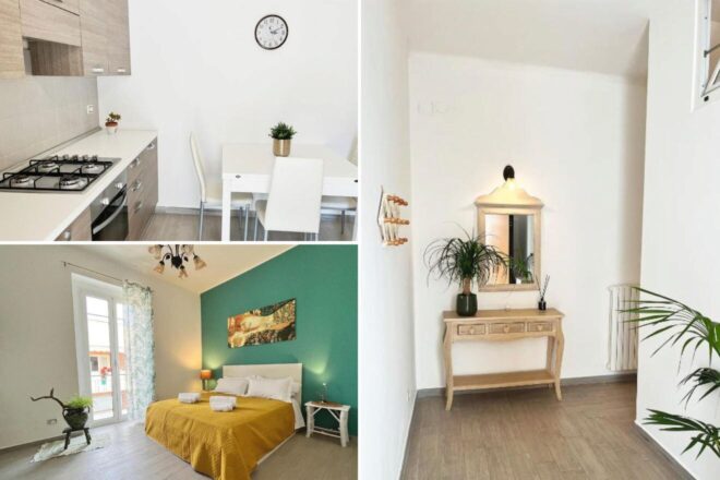A collage of three pictures showcasing a modern apartment in Patty Maison, Bari, Italy: a neat kitchen with contemporary appliances and a dining table set for two, a bedroom with a striking teal accent wall and mustard bedding, and a welcoming entryway with a chic console table and mirror.