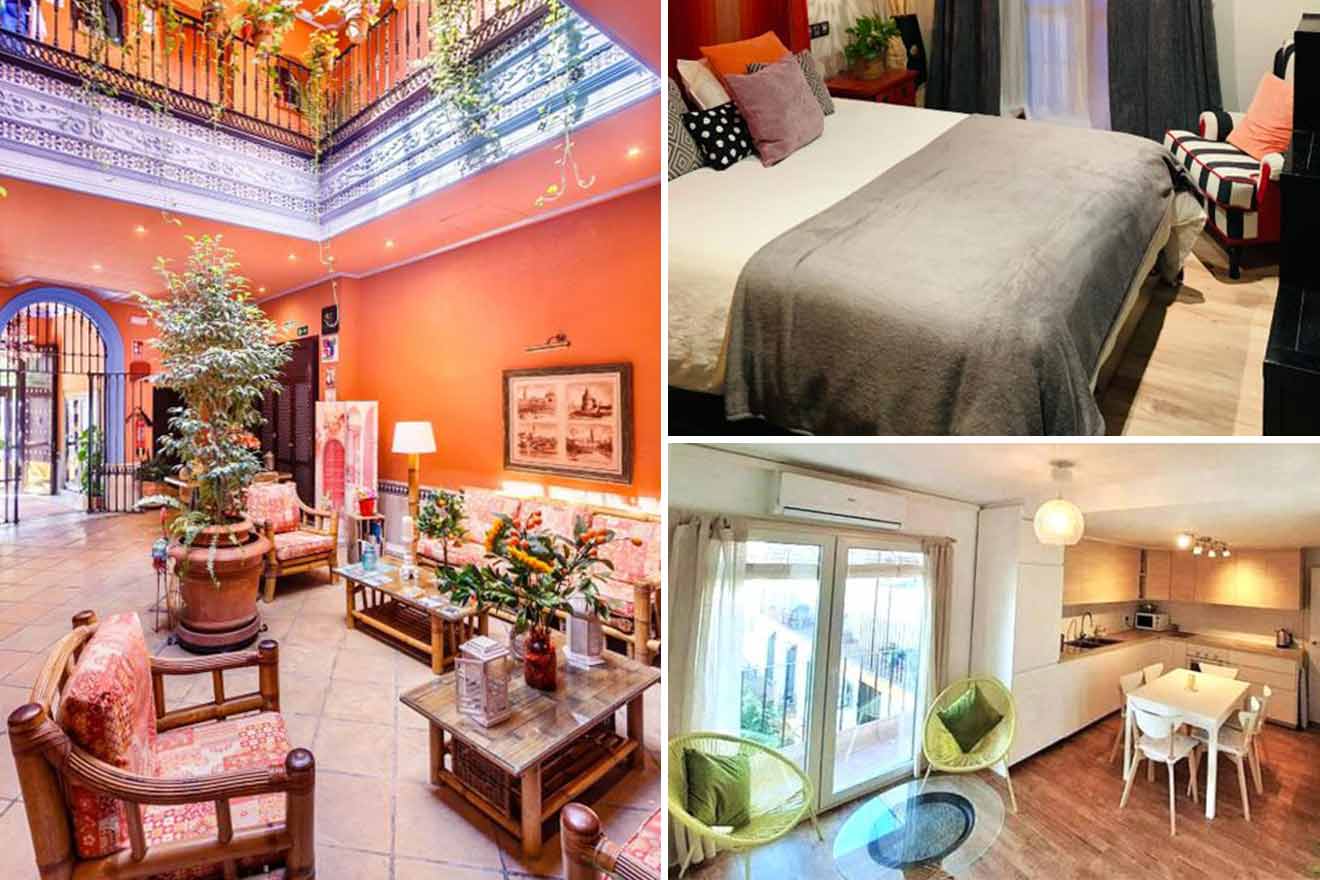 A collage of three photos of hotels to stay in Almadea, Seville: a vibrant lobby with traditional decor, a comfortable bedroom with a gray blanket, and a modern kitchen with a dining area