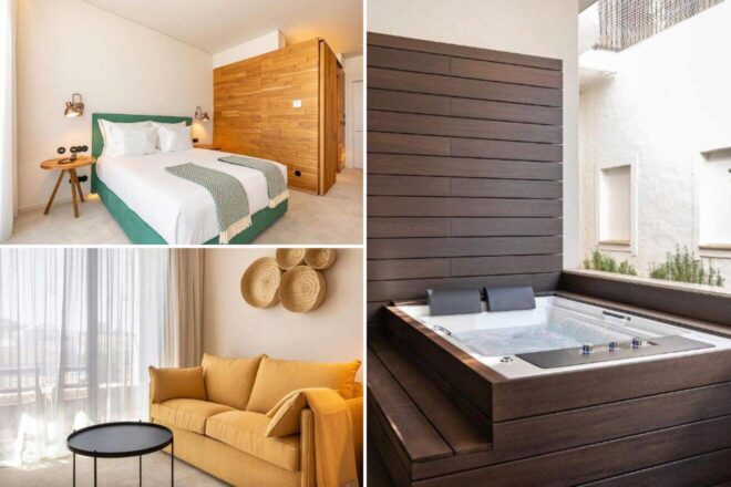 A collage of three photos of hotels to stay in Algarve: a simple hotel bedroom with a green queen bed and wooden panelled wall, a simple living area with a yellow sofa a small coffee table and woven baskets on the wall, and an outdoor jacuzzi with wooden panels
