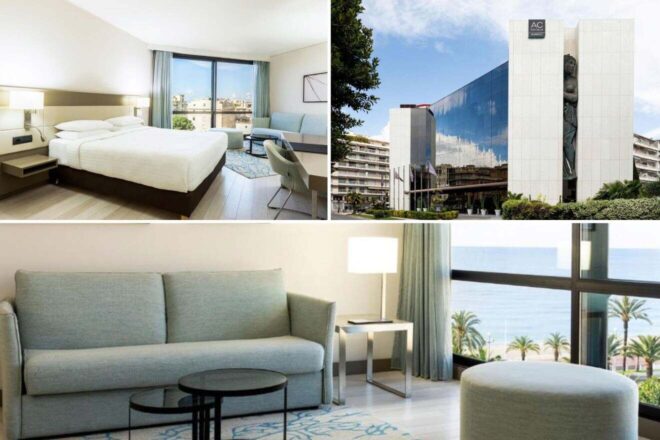 A collage of three pictures of AC Hotel by Marriott Nice: a sleek bedroom with panoramic sea views, a stylish modern hotel building with a unique sculpture, and a comfortable sitting area with expansive windows overlooking the Nice coastline