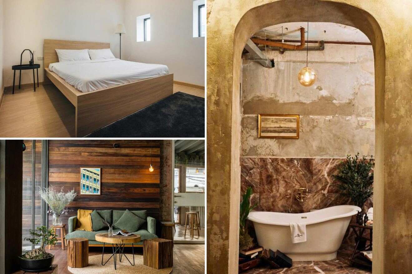 A collage of three photos of hotels to stay in Chinatown, Bangkok: a minimalist bedroom with a modern wooden bed, crisp white bedding, an inviting living space is highlighted by a rustic wooden wall and contemporary furniture, and a unique bathroom with a freestanding bathtub, framed by an arched entryway