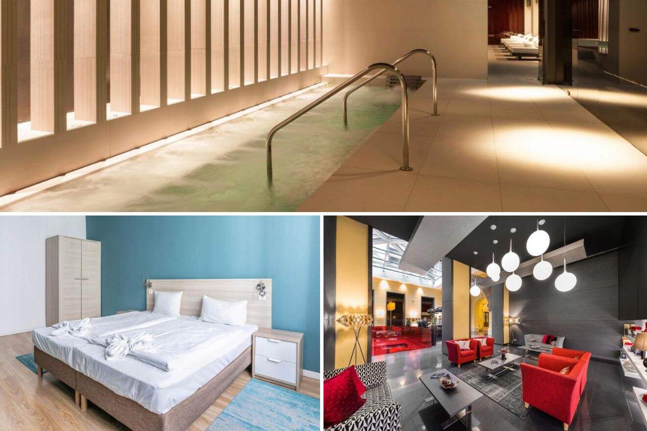 A collage of three photos of hotels to stay in Jozsefvaros District VIII Budapest1: indoor jacuzzi, hotel bedroom, and hotel lounge area
