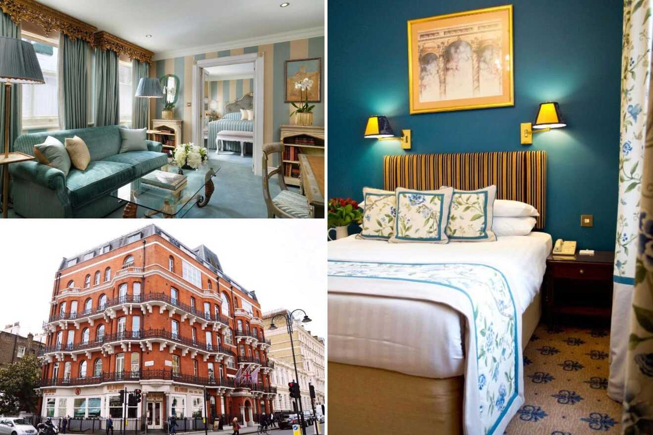 A collage of three photos of luxury hotels to stay in Kensington & Chelsea, London: an elegant green-toned living room with a connecting bedroom, a serene bedroom with a large bed and floral patterns, and a classic red-brick hotel exterior with balconies and flags.