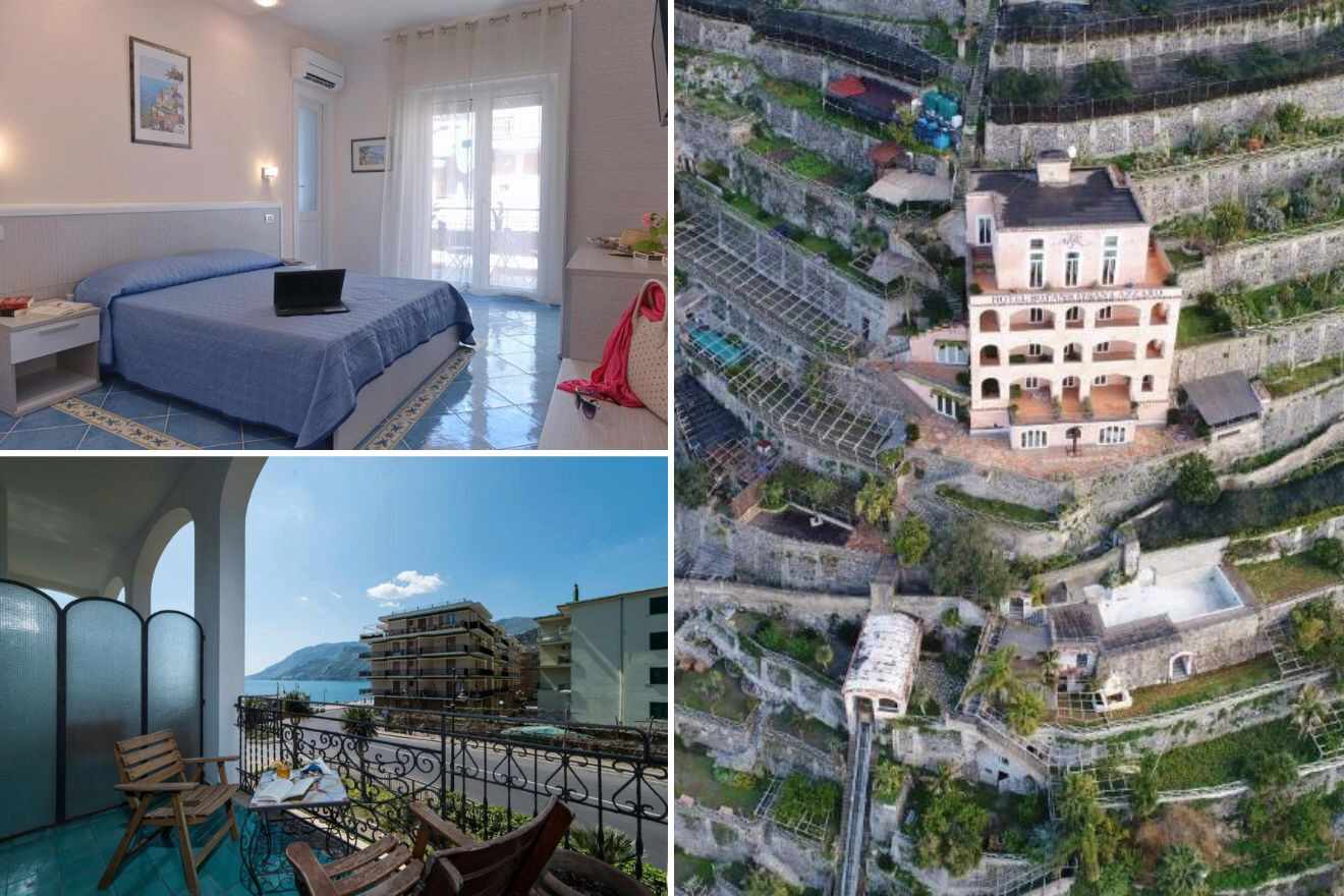 A collage of three photos of hotels to stay in Maiori and Minori, Amalfi Coast, Italy, hotel bedroom, balcony with a view, and aerial view of a hotel located on a terraced cliff