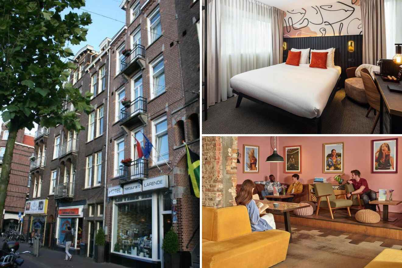 A collage of three photos of hotels to stay in Oud-West, Amsterdam: a street view of a typical Amsterdam hotel building with the flag of the Netherlands hanging alongside a hotel sign, a chic, minimalist hotel room with a large bed and artistic wall decor, and a casual hotel lounge with eclectic furnishings, vibrant artworks on pink walls, and guests relaxing and socializing.