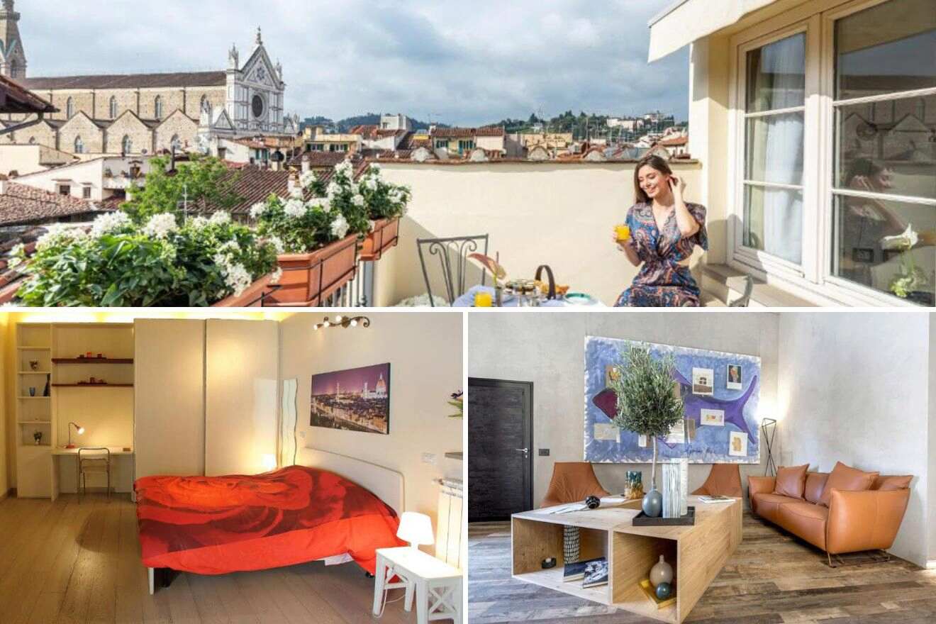 A collage of three hotel photos to stay in Santa Croce & Sant’Ambrogio, Florence: A rooftop garden terrace with breathtaking views of historic Florence, a minimalist bedroom with vibrant red bedding, and a modern office space transitioning into a welcoming living area with a leather sofa.