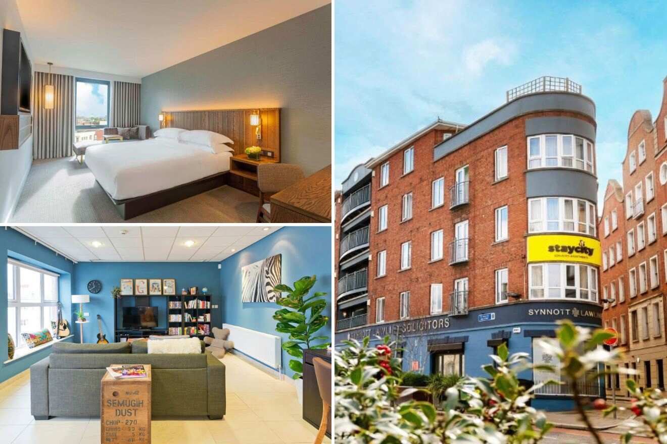A collage of three photos of hotels to stay in The Liberties, Dublin: a serene hotel room with a city view and neutral decor, a communal lounge with soft sofas and colorful artwork, and the exterior of a hotel with traditional red-brick architecture