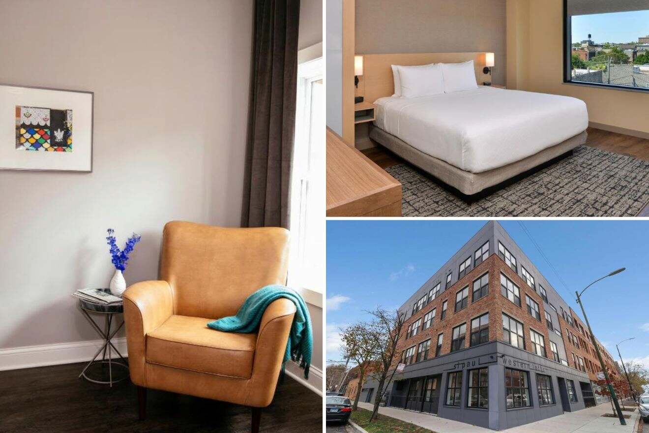 A collage of three photos of hotels to stay in Wicker Park, Chicago: a warm corner featuring a tan armchair and a decorative vase, a simplistic yet elegant bedroom with a large window, and the exterior of a contemporary brick hotel on a city street corner