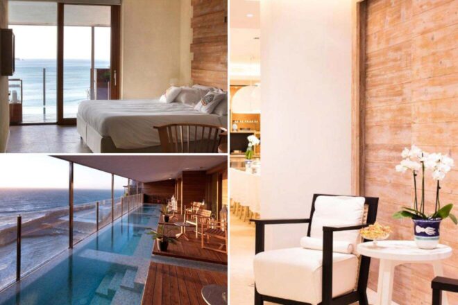 A collage of three photos from Laqua by the Sea: A serene bedroom with direct sea views through floor-to-ceiling glass doors, a stylish wooden deck with an infinity pool overlooking the ocean, and an elegant corner with a white armchair and orchids