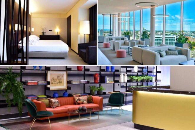 A collage of three photos of hotels to stay in Porto: a modern bedroom with minimalist aesthetics, a high-rise hotel lounge with panoramic city views, and a vibrant living space with eclectic shelving and colorful seating arrangements