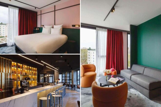 A collage of three snapshots highlighting the Tribe Lyon Croix-Rousse with free cancellation: a modern bedroom with a unique headboard and red curtains, a trendy bar area with gold accents and stylish lighting, and a cozy lounge with plush orange chairs and a contemporary sofa