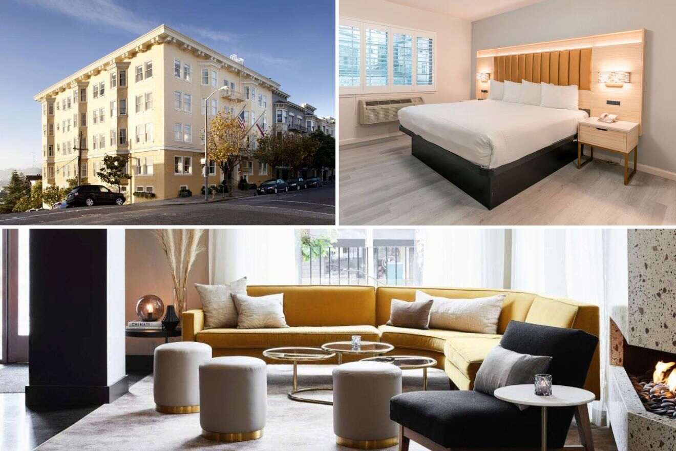 A collage of three photos of hotels to stay in Pacific Heights, San Francisco with airport shuttle: showcasing a classic beige corner building, a modern and minimalist bedroom with a large comfortable bed, and a chic lounge area with a yellow couch and elegant décor