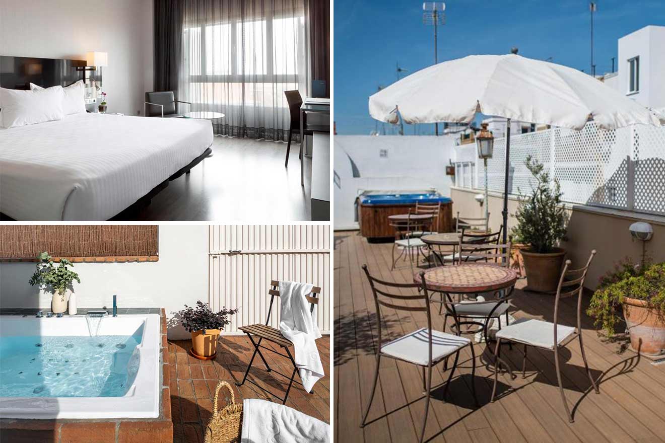 A collage of three photos of hotels to stay in La Macarena, Seville: a minimalist bedroom with large windows, a rooftop terrace with seating under an umbrella, and a private jacuzzi area with plants