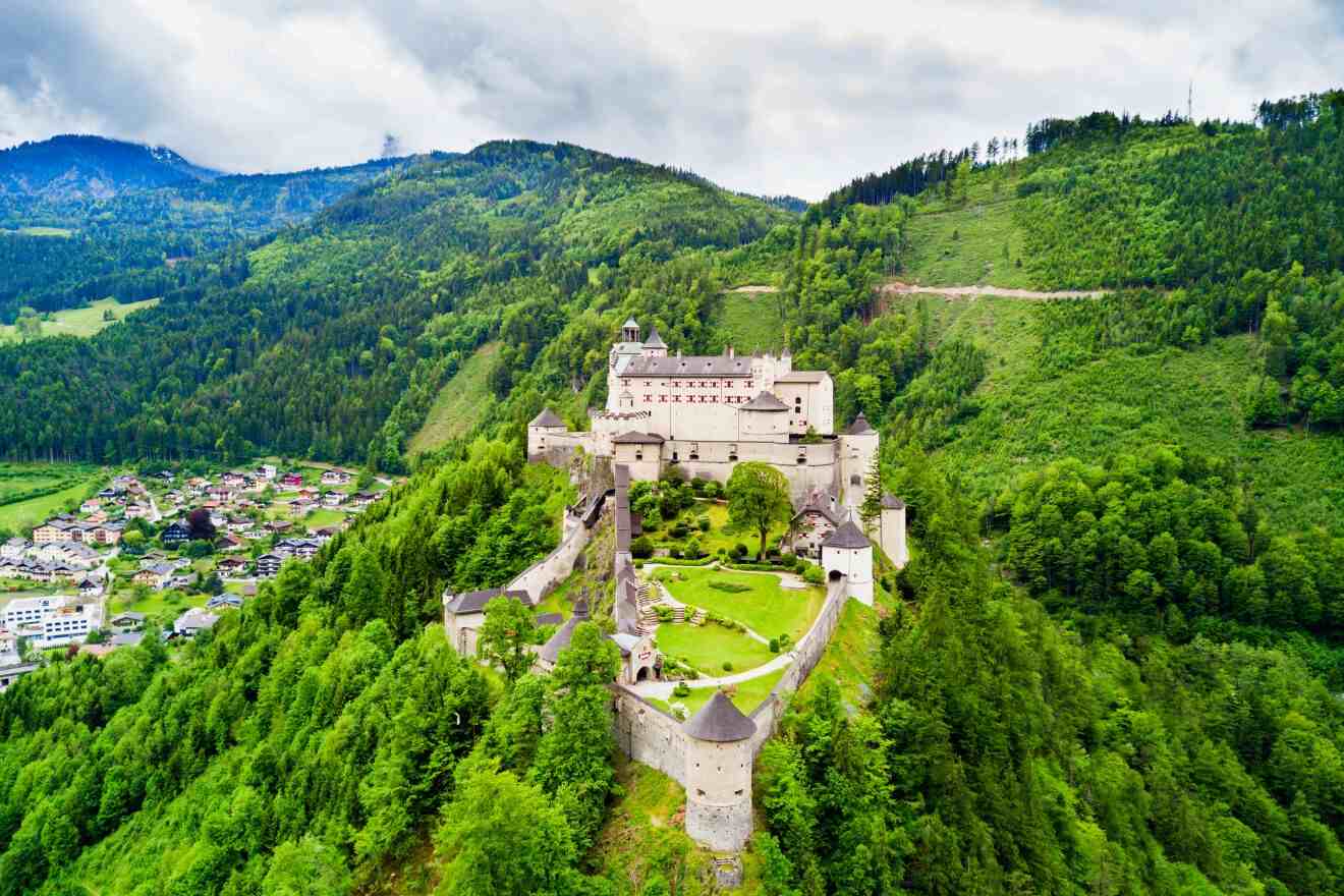 Aerial view of the imposing Hohenwerfen Castle nestled in the lush green Austrian Alps