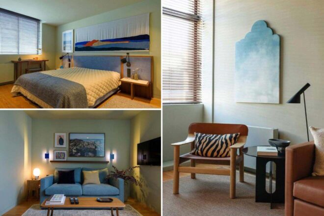 A collage of three photos of hotels to stay in Porto: a cozy bedroom with a large bed and abstract blue artwork, a well-lit work desk with a classic mid-century modern vibe, and a comfortable living space with a plush blue couch and contemporary decor