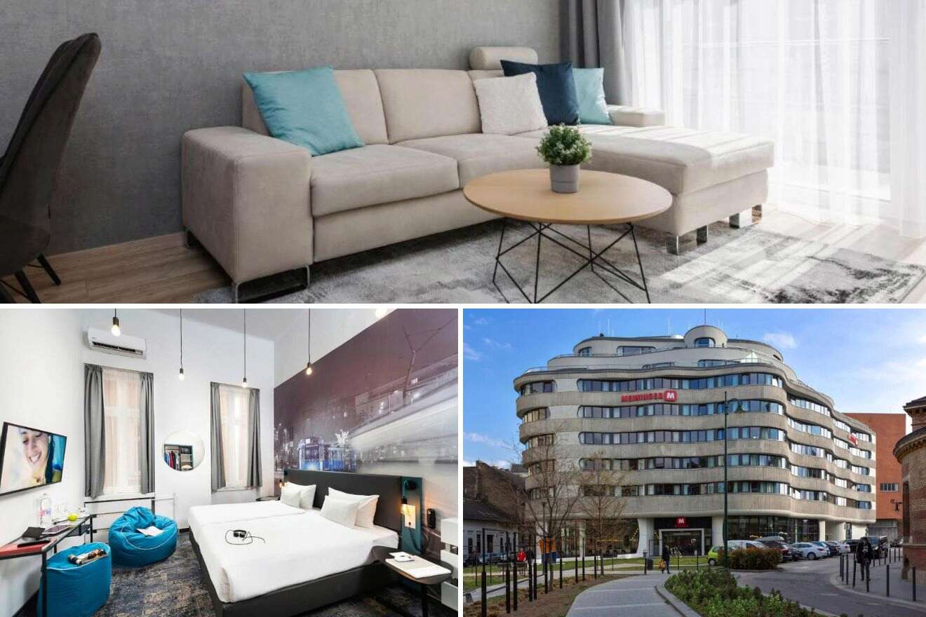 A collage of three photos of hotels to stay in Ferencvaros District IX Budapest: in-room sofa,, hotel bedroom, and hotel exterior