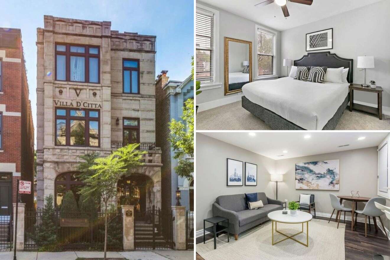 A collage of three photos of hotels to stay in Lincoln Park, Chicago: a historic stone façade of Villa D’Citta, a bedroom with elegant bedding and a large mirror, and a living area with contemporary furniture and artwork